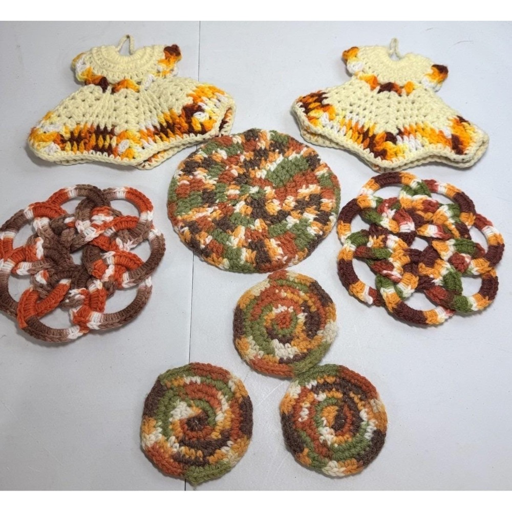 VTG Lot 8 Potholder Hot Pad Trivets Knit Brown Granny Cottage‎ Core MCM Kitchen